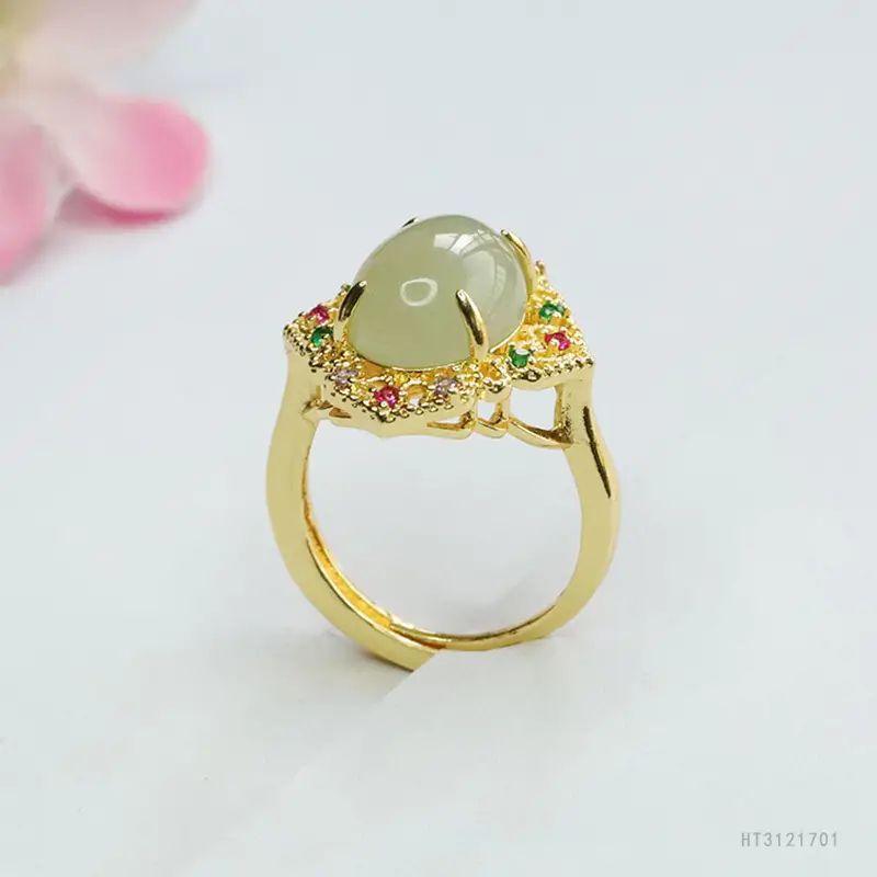 Guan Yu Jade Ring Clear Water Jade Gold Plated - Image 4