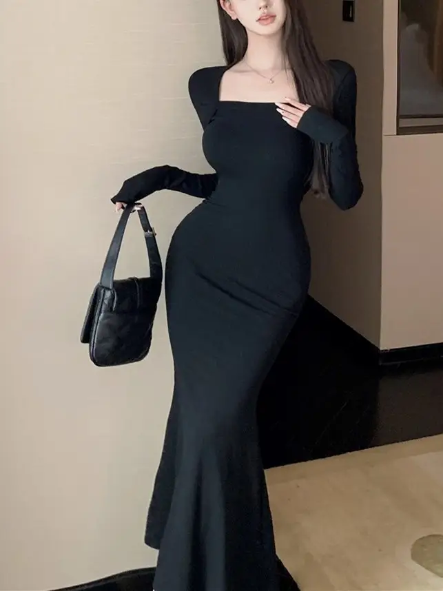 Women's Grey Slim Fit Long Sleeve Dress with Fishtail Skirt