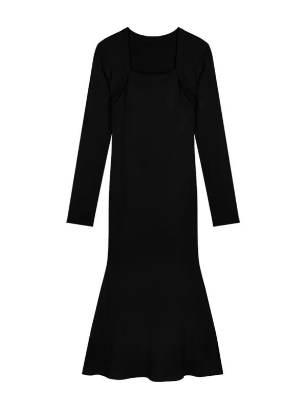Women's Grey Slim Fit Long Sleeve Dress with Fishtail Skirt