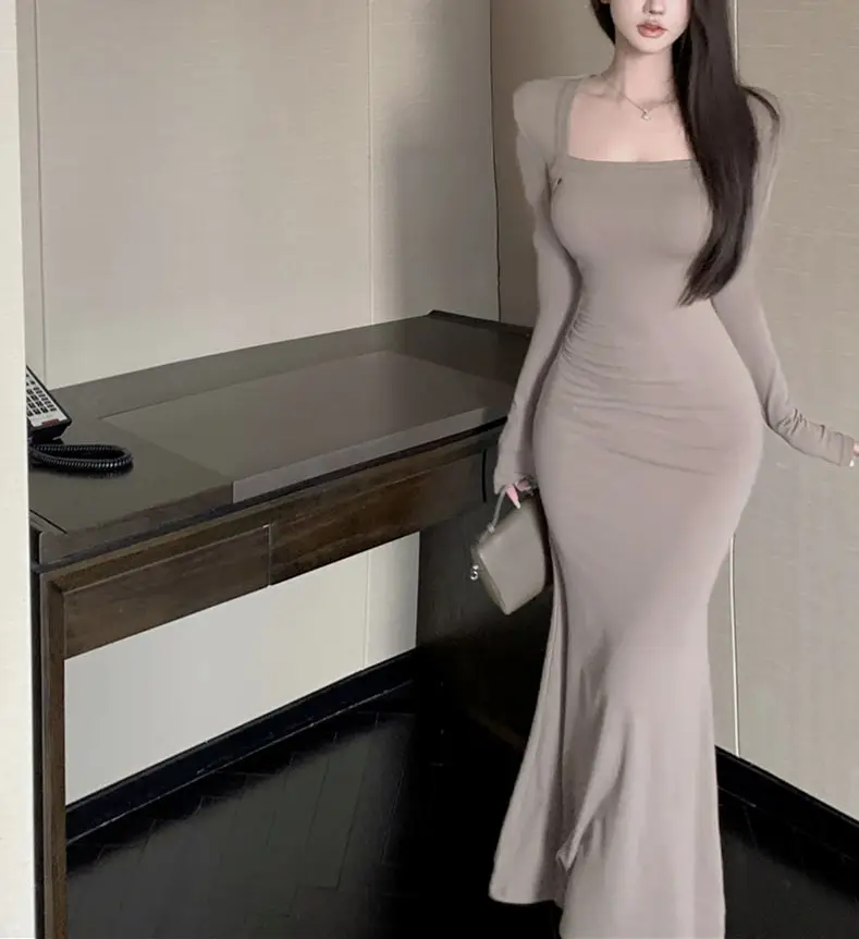 Women's Grey Slim Fit Long Sleeve Dress with Fishtail Skirt — feature 10