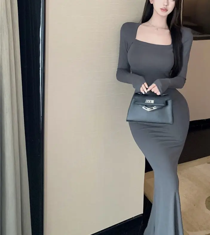 Women's Grey Slim Fit Long Sleeve Dress with Fishtail Skirt — feature 11