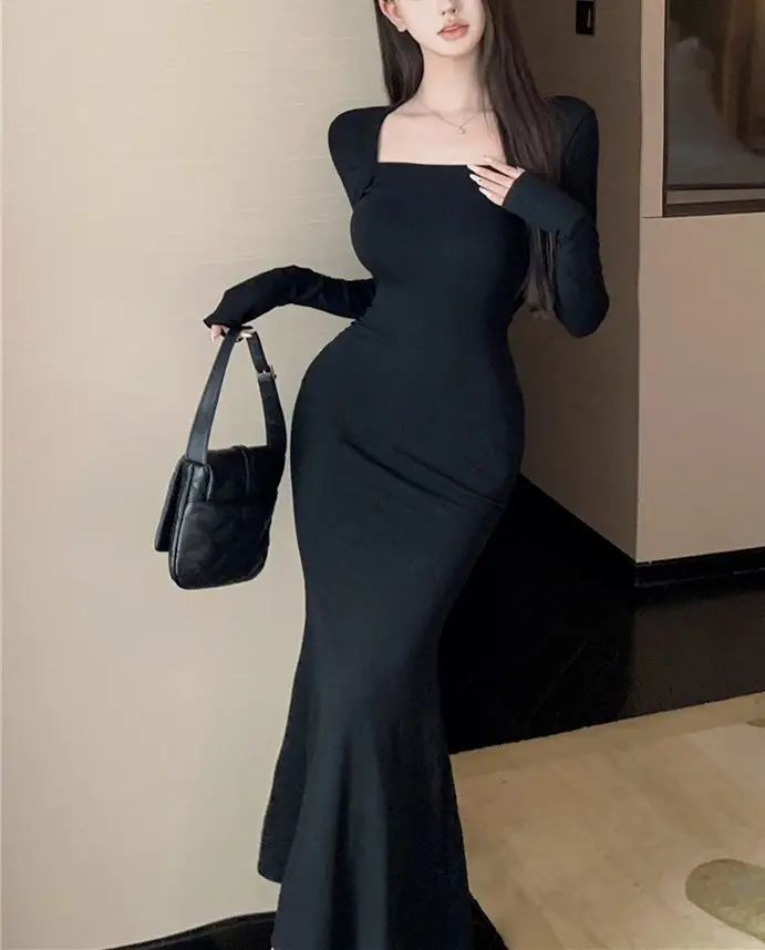 Women's Grey Slim Fit Long Sleeve Dress with Fishtail Skirt — feature 12