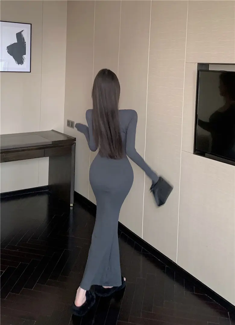 Women's Grey Slim Fit Long Sleeve Dress with Fishtail Skirt — feature 3