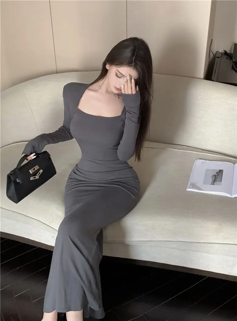 Women's Grey Slim Fit Long Sleeve Dress with Fishtail Skirt — feature 4