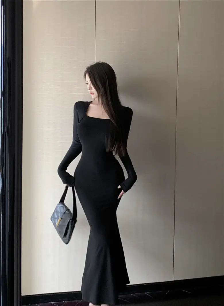 Women's Grey Slim Fit Long Sleeve Dress with Fishtail Skirt — feature 6