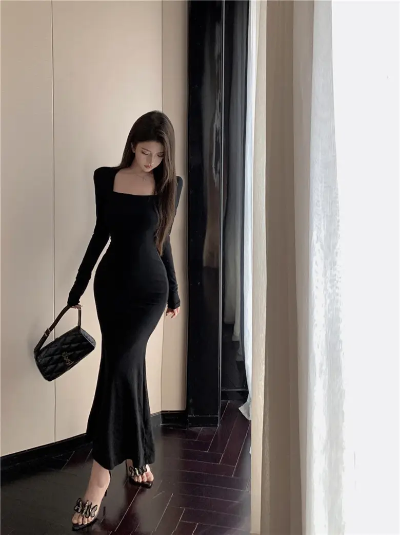Women's Grey Slim Fit Long Sleeve Dress with Fishtail Skirt — feature 7
