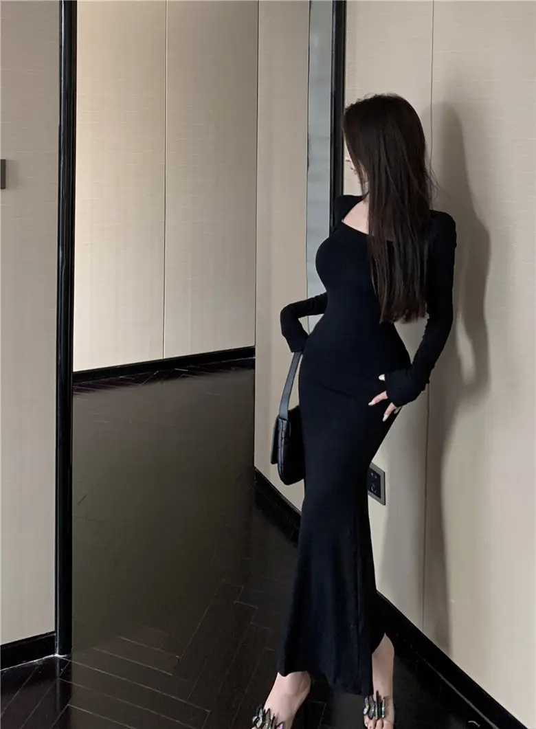 Women's Grey Slim Fit Long Sleeve Dress with Fishtail Skirt — feature 8