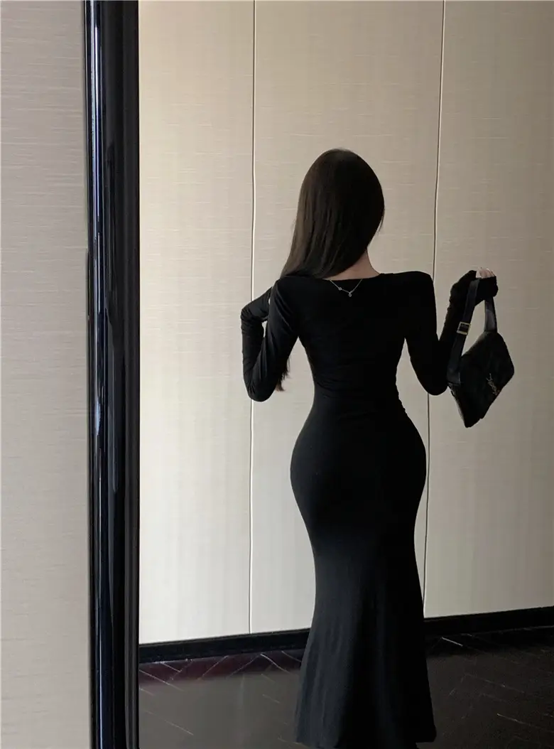 Women's Grey Slim Fit Long Sleeve Dress with Fishtail Skirt — feature 9