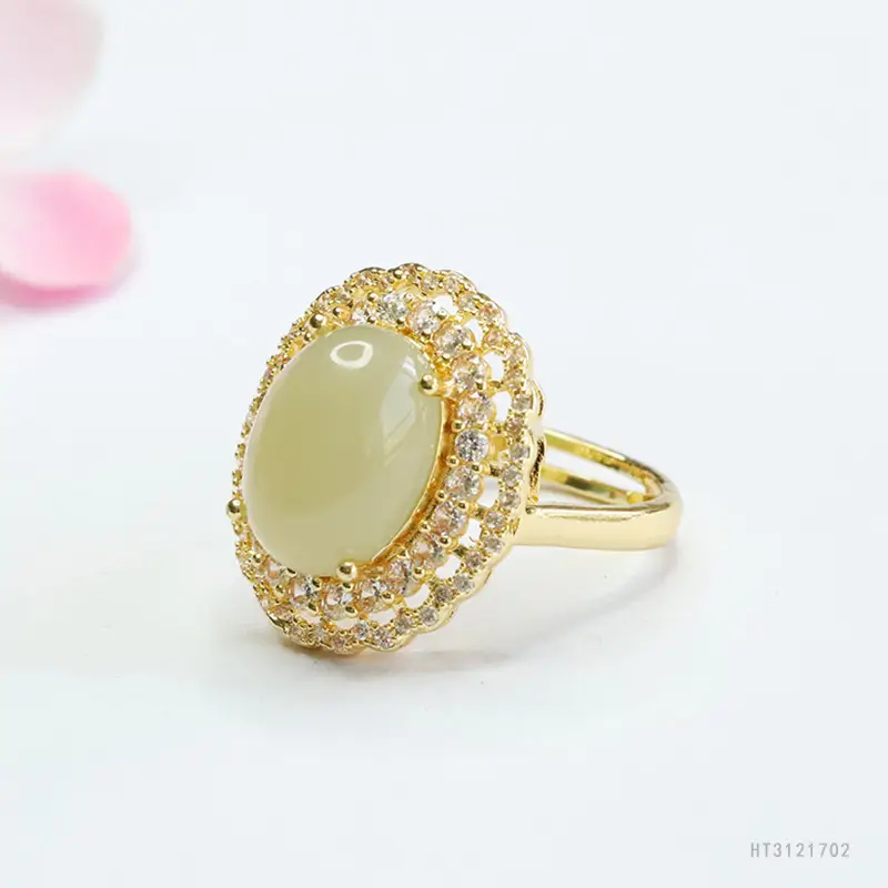 Guan Yu Natural Hetian Jade Ring Full Diamond Gold Plated