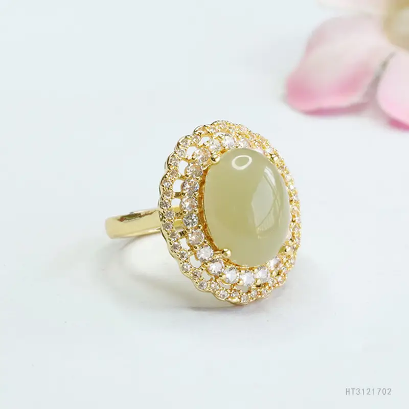 Guan Yu Natural Hetian Jade Ring Full Diamond Gold Plated