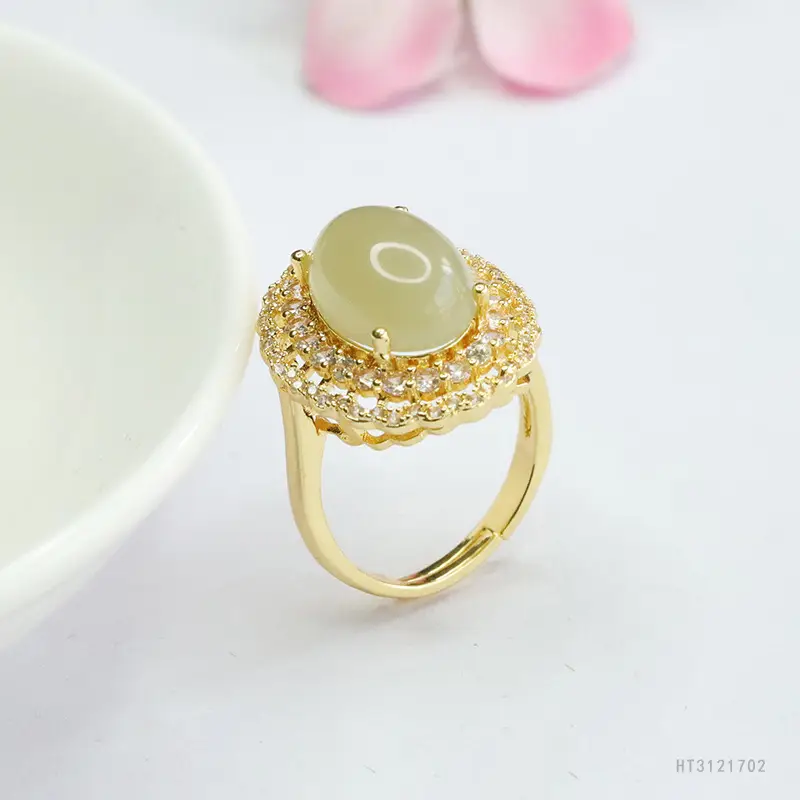 Guan Yu Natural Hetian Jade Ring Full Diamond Gold Plated