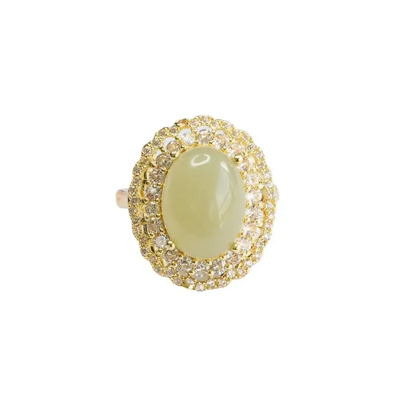 Guan Yu Natural Hetian Jade Ring Full Diamond Gold Plated