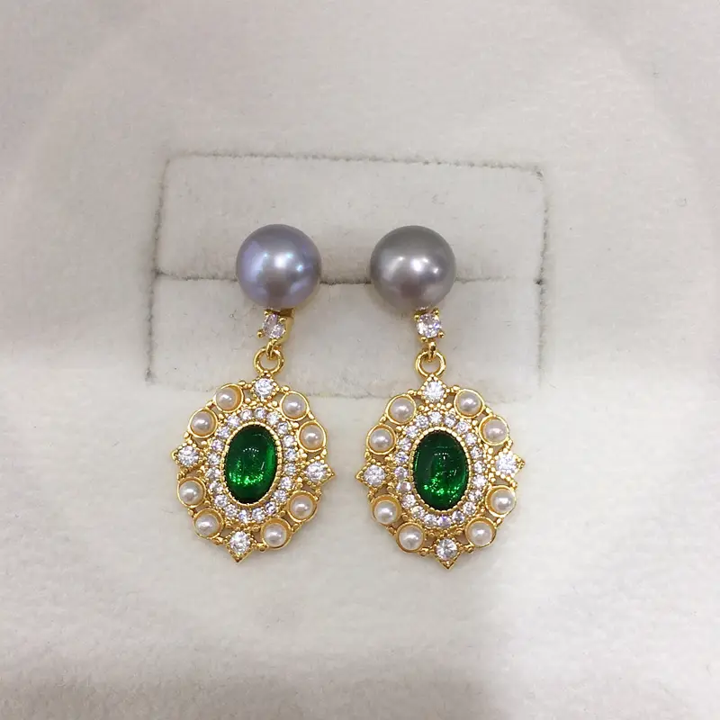 18K Gold Green Agate Pearl Earrings for Women