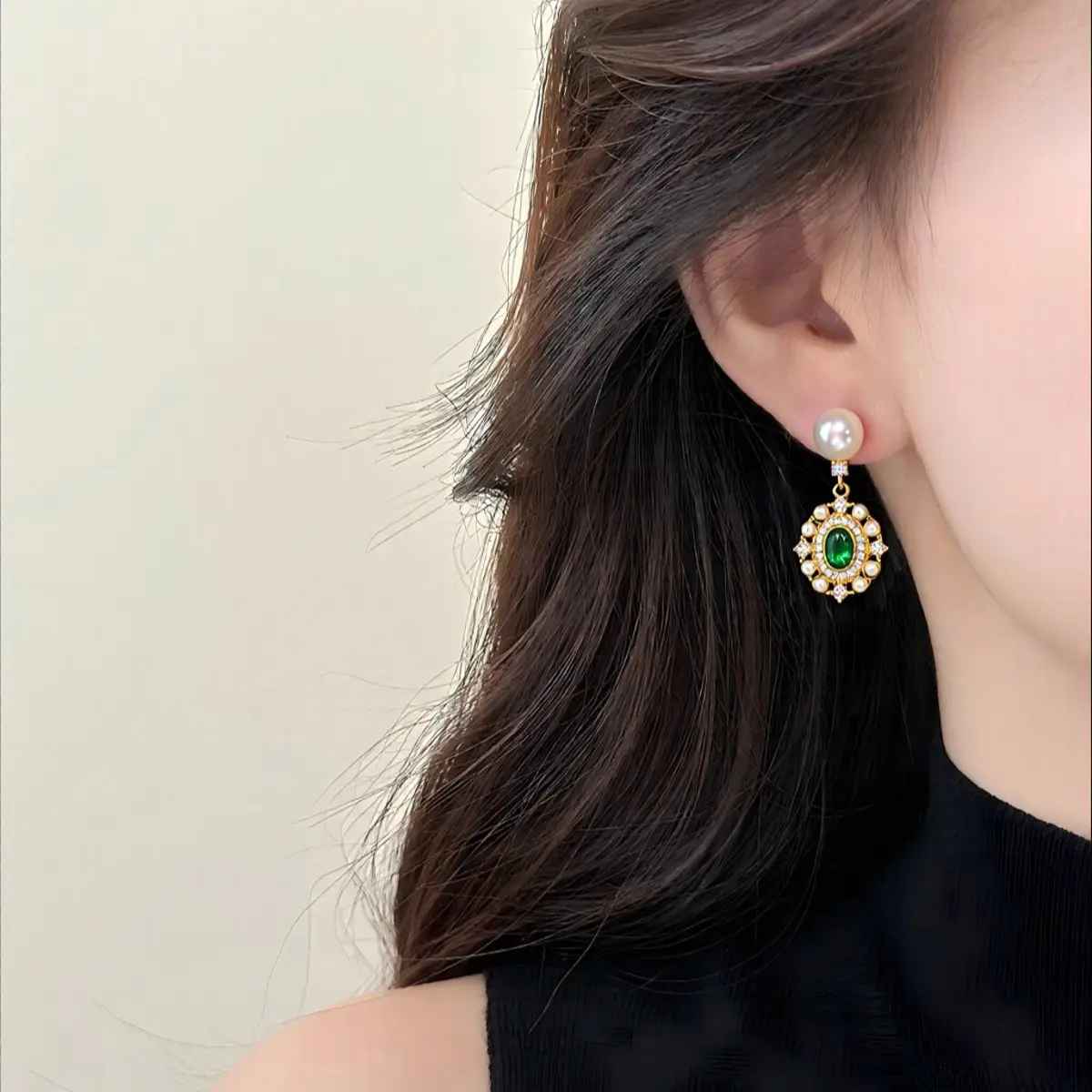 18K Gold Green Agate Pearl Earrings for Women