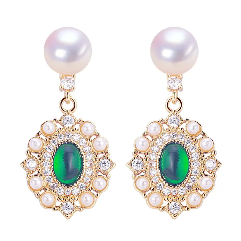 18K Gold Green Agate Pearl Earrings for Women
