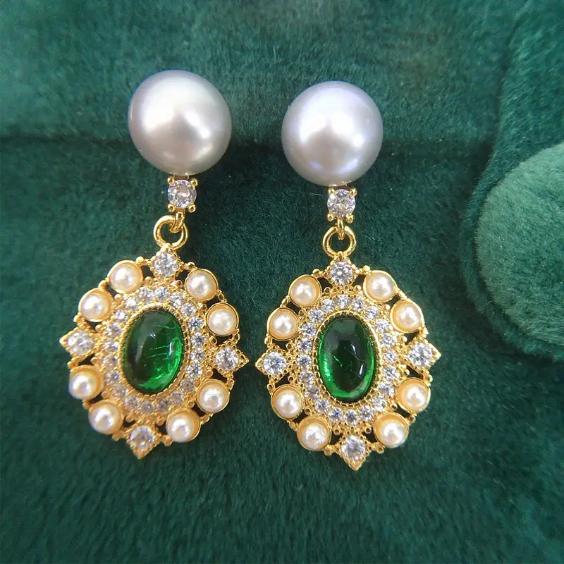 18K Gold Green Agate Pearl Earrings for Women — feature 10