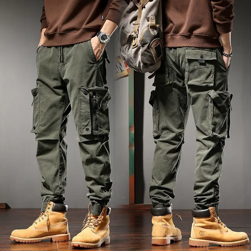 Men Straight Cargo Pants Spring Autumn Cotton Beige