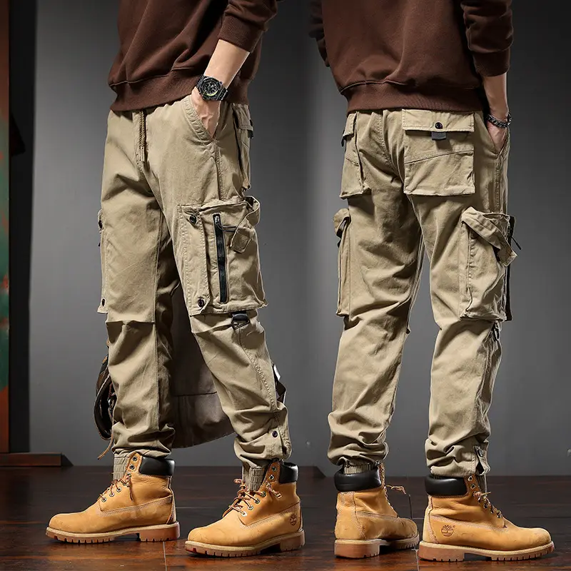 Men Straight Cargo Pants Spring Autumn Cotton Beige