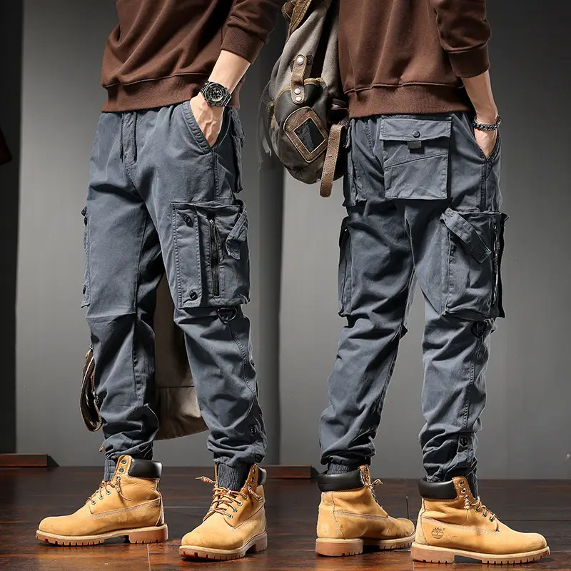 Men Straight Cargo Pants Spring Autumn Cotton Beige