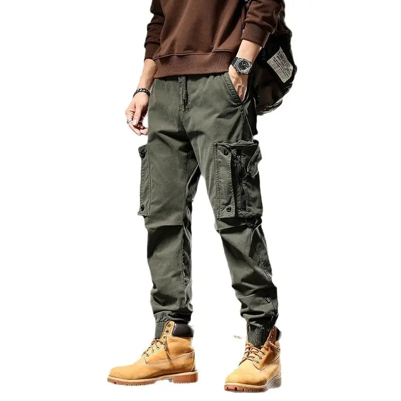 Men Straight Cargo Pants Spring Autumn Cotton Beige