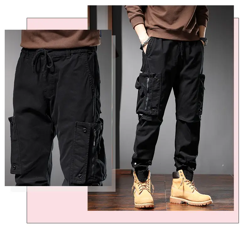 Men Straight Cargo Pants Spring Autumn Cotton Beige — feature 11