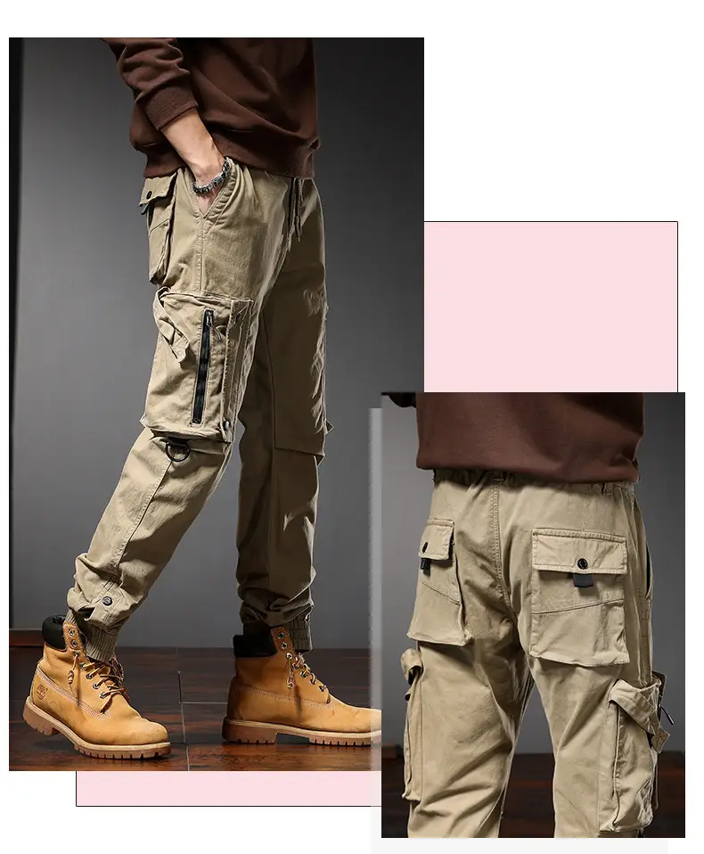 Men Straight Cargo Pants Spring Autumn Cotton Beige — feature 12