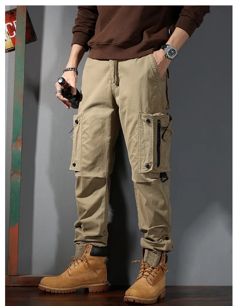 Men Straight Cargo Pants Spring Autumn Cotton Beige — feature 13