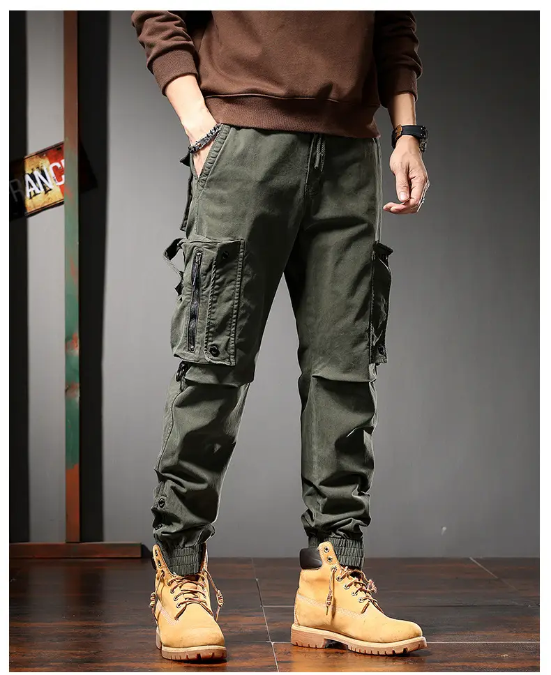Men Straight Cargo Pants Spring Autumn Cotton Beige — feature 14