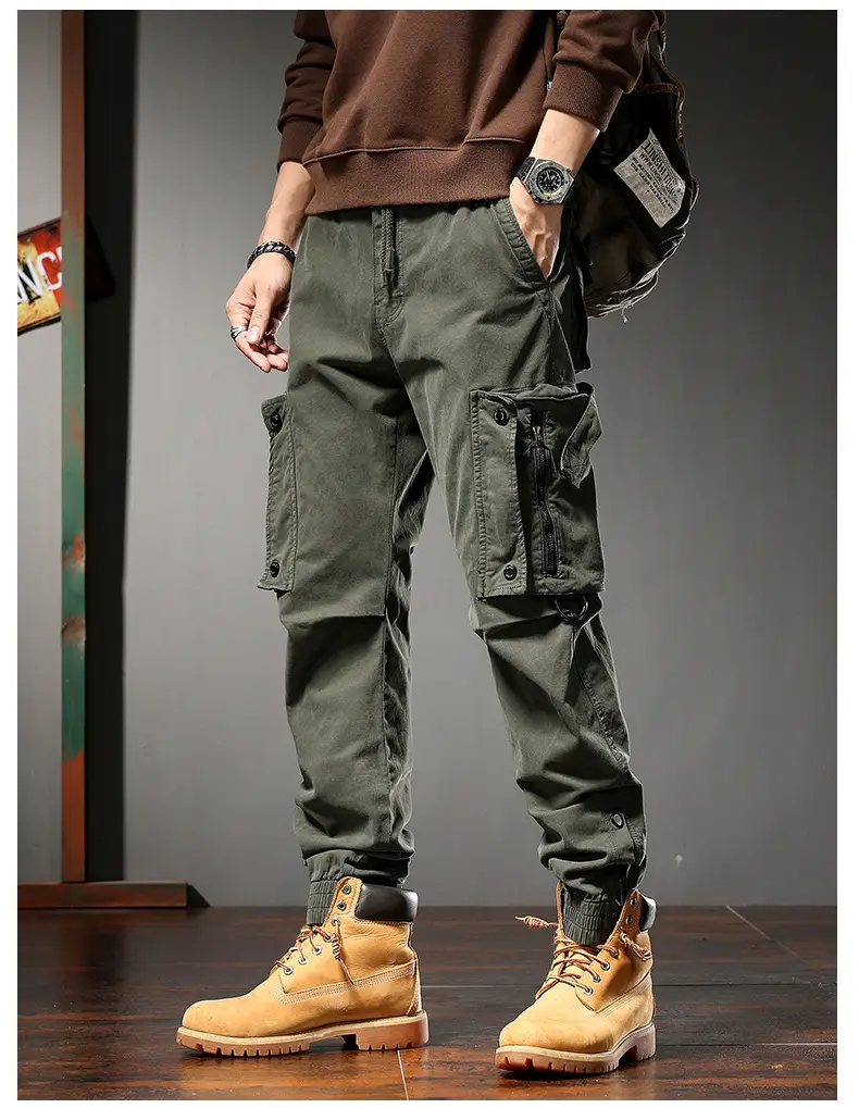 Men Straight Cargo Pants Spring Autumn Cotton Beige — feature 15