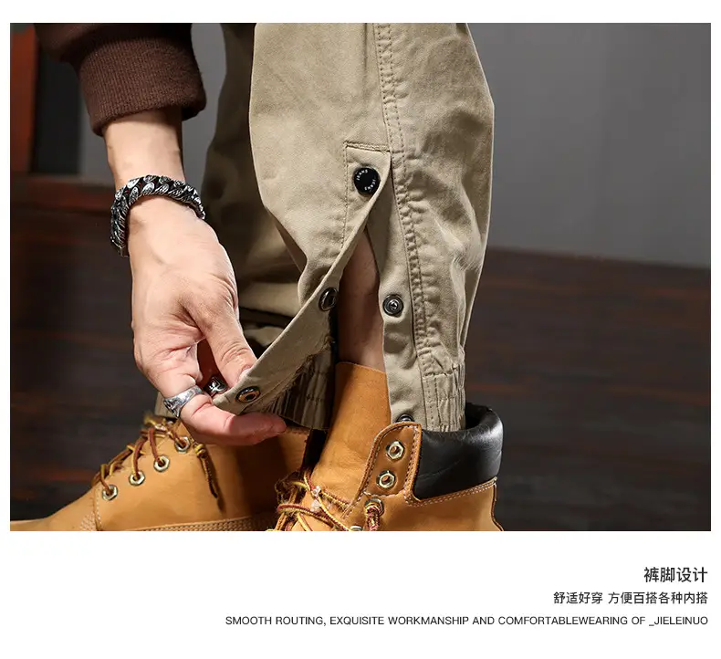 Men Straight Cargo Pants Spring Autumn Cotton Beige — feature 16