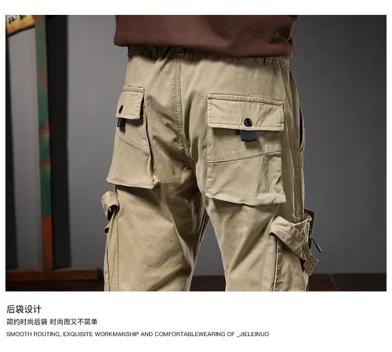Men Straight Cargo Pants Spring Autumn Cotton Beige — feature 17