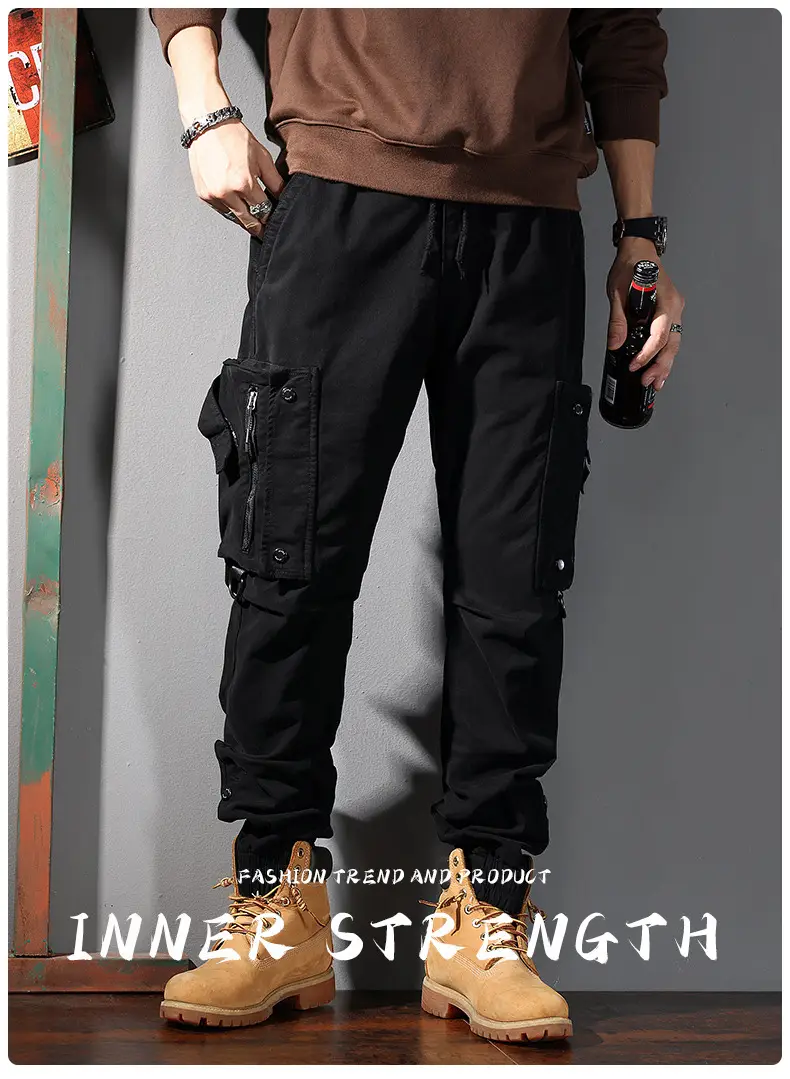 Men Straight Cargo Pants Spring Autumn Cotton Beige — feature 3