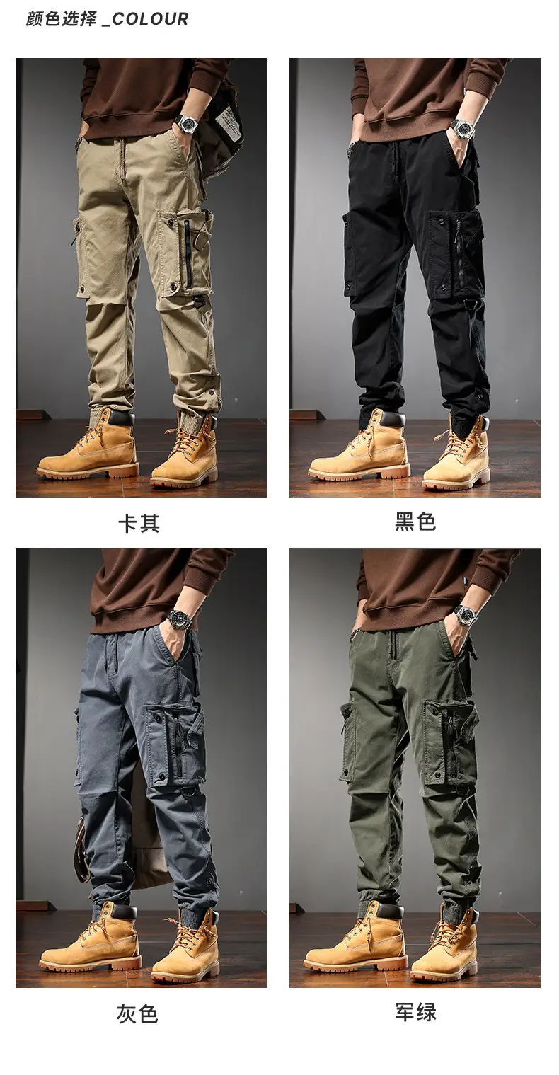 Men Straight Cargo Pants Spring Autumn Cotton Beige — feature 8