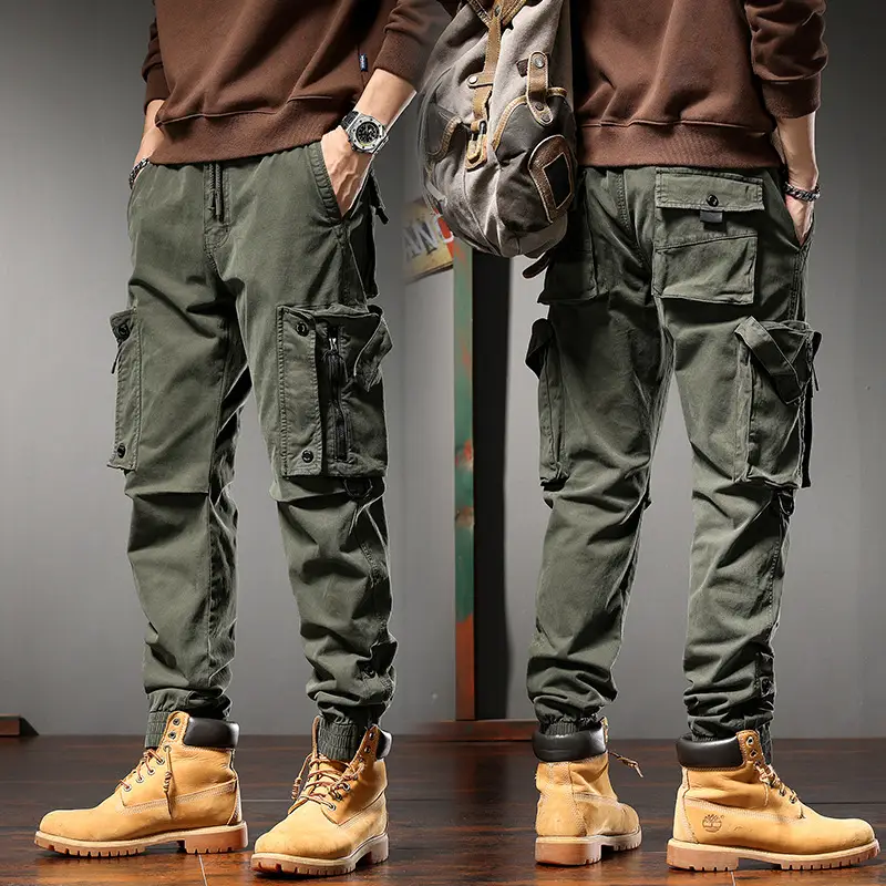 Men Straight Cargo Pants Spring Autumn Cotton Beige