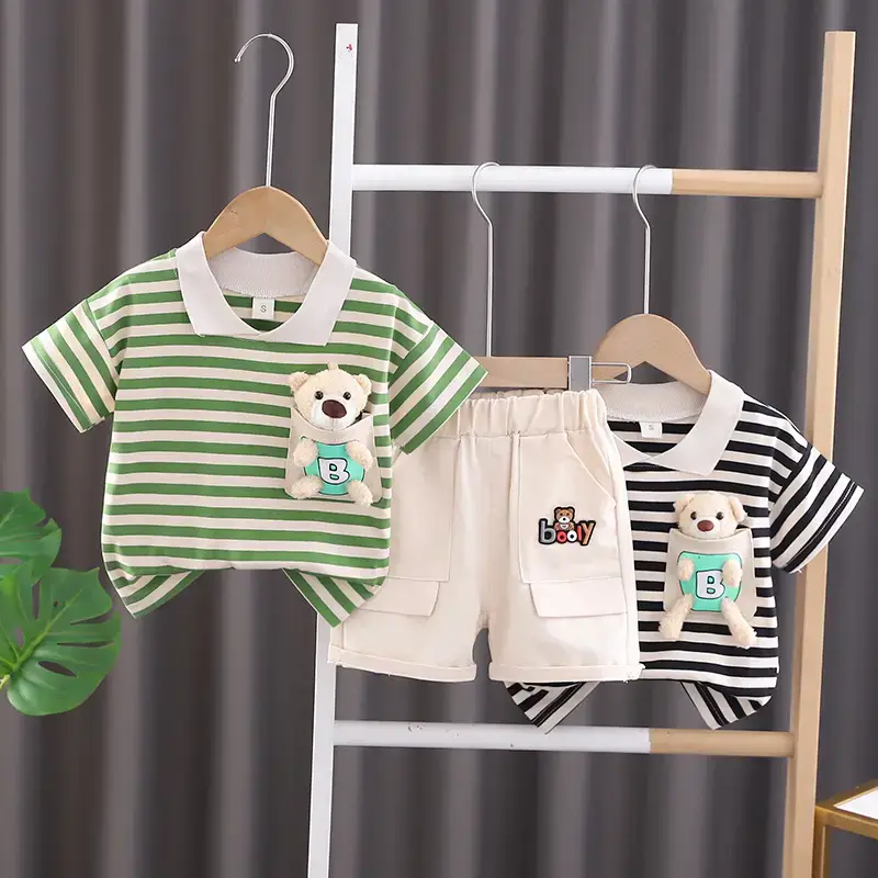 2024 Kids Bear Pocket T-Shirt Shorts Set Green White Striped - Image 3