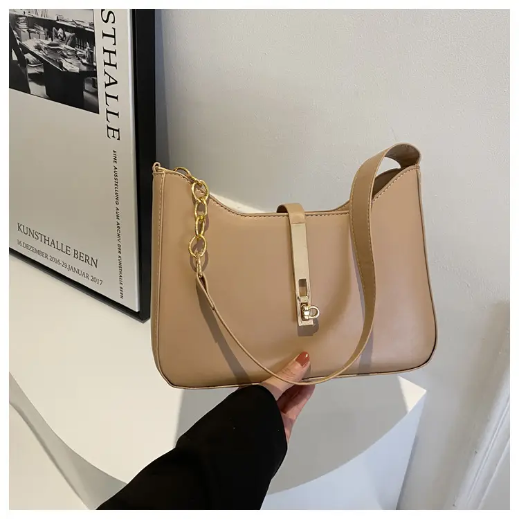 Retro French Style Women's Shoulder Bag Brown Gold Chain - Image 4