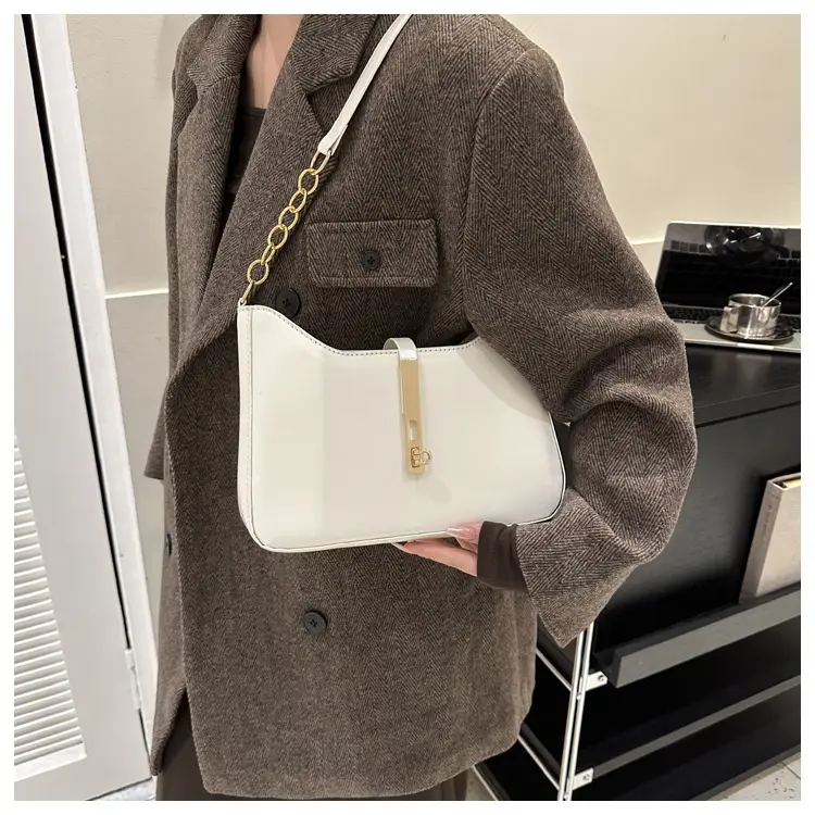 Retro French Style Women's Shoulder Bag Brown Gold Chain - Image 6