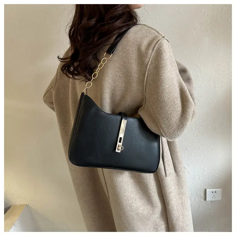 Retro French Style Women's Shoulder Bag Brown Gold Chain - Image 7