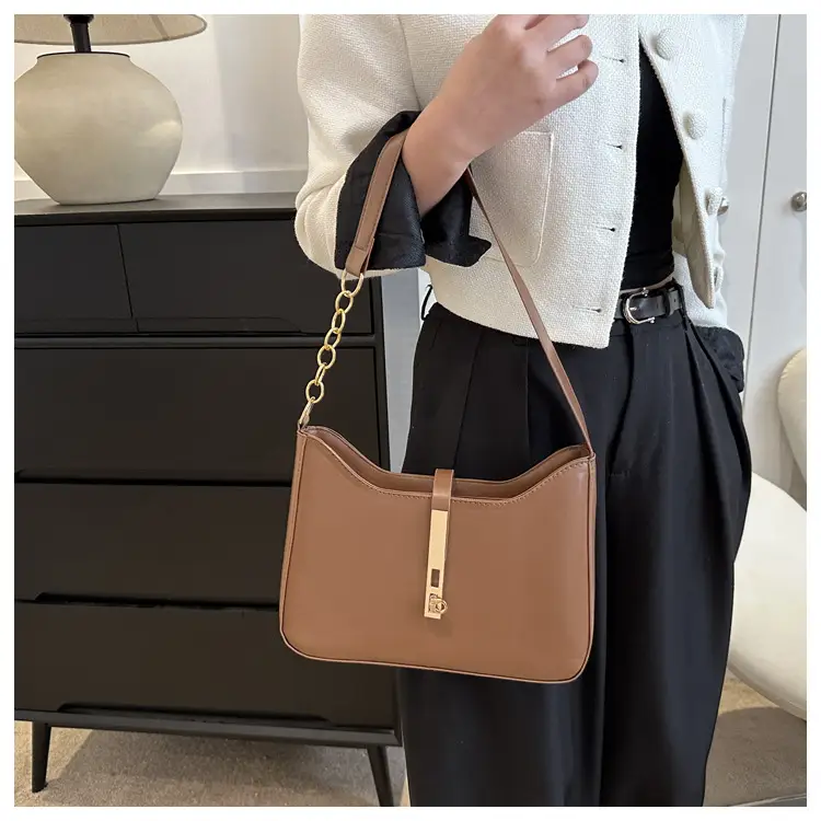 Retro French Style Women's Shoulder Bag Brown Gold Chain — feature 17