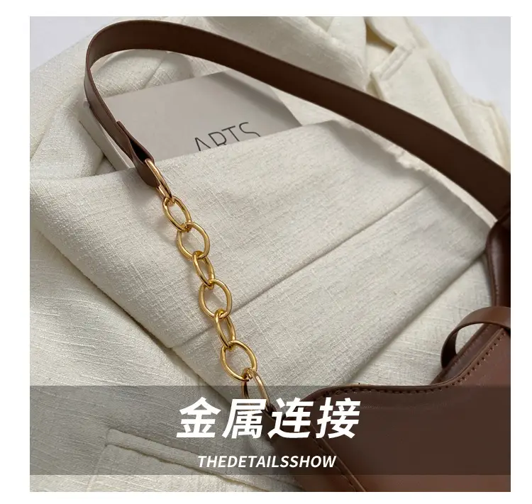 Retro French Style Women's Shoulder Bag Brown Gold Chain — feature 5