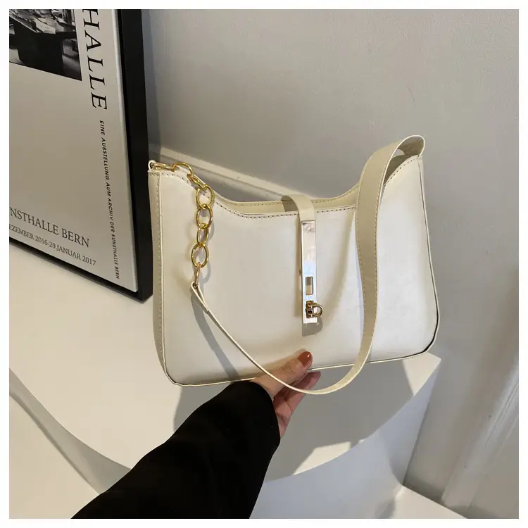 Retro French Style Women's Shoulder Bag Brown Gold Chain - Image 2