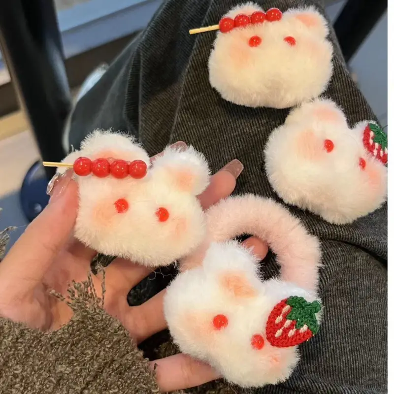 Cute Strawberry Rabbit Hair Rings for Girls - Image 2
