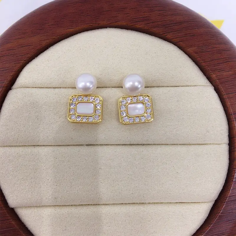 Square Pearl Earrings 18K Gold with Sea Shell & Crystal