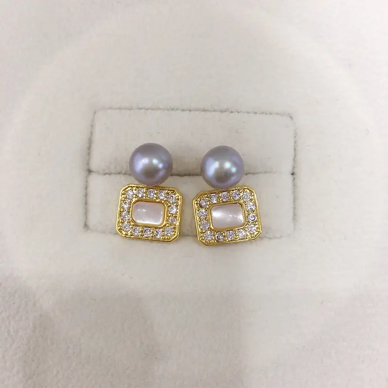 Square Pearl Earrings 18K Gold with Sea Shell & Crystal