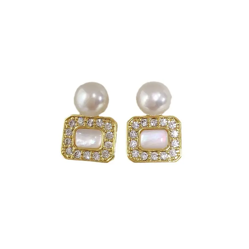 Square Pearl Earrings 18K Gold with Sea Shell & Crystal