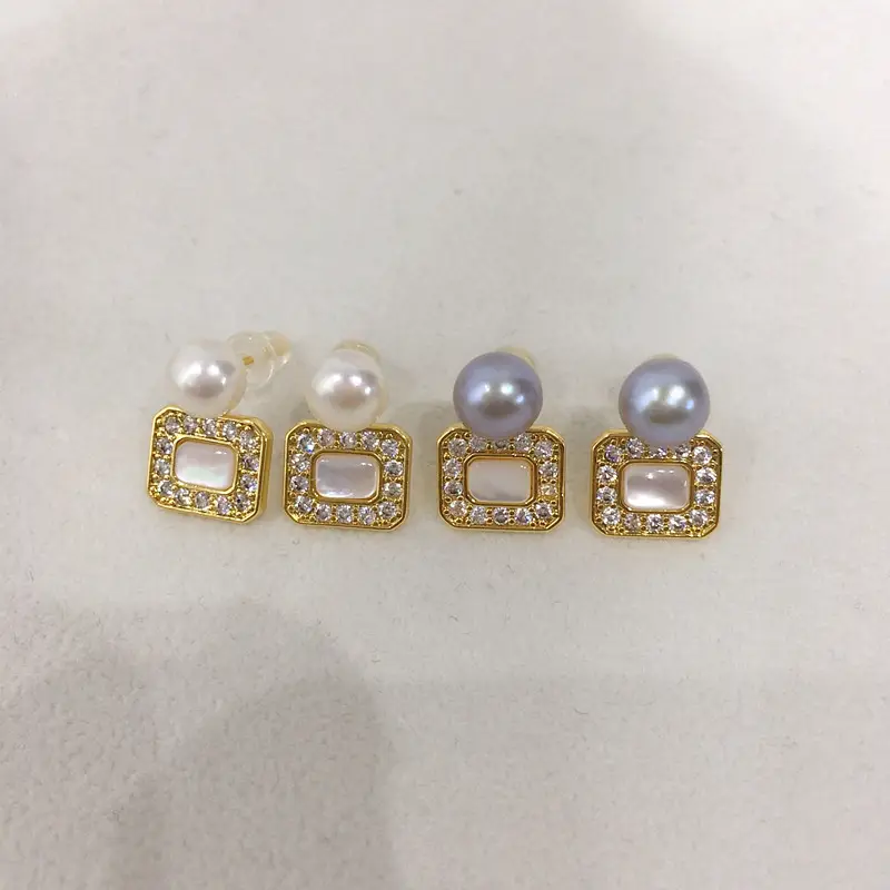 Square Pearl Earrings 18K Gold with Sea Shell & Crystal — feature 2