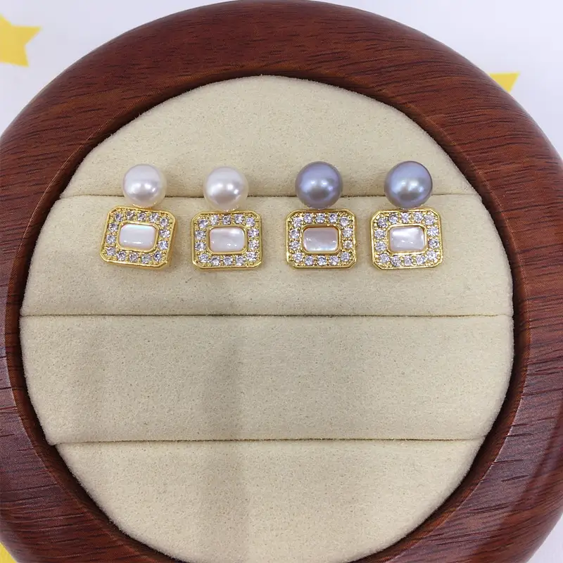 Square Pearl Earrings 18K Gold with Sea Shell & Crystal — feature 6