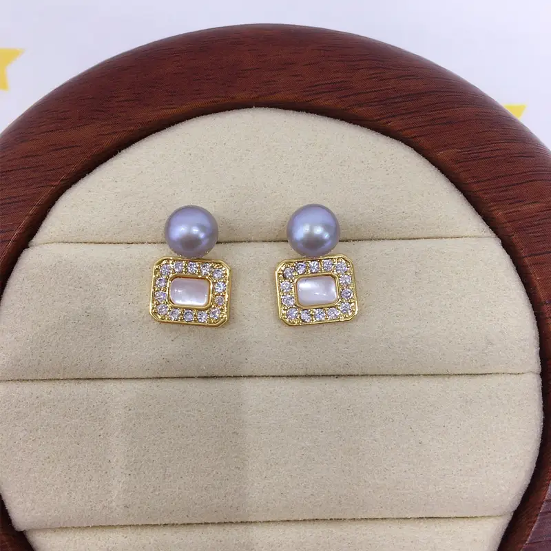 Square Pearl Earrings 18K Gold with Sea Shell & Crystal — feature 8