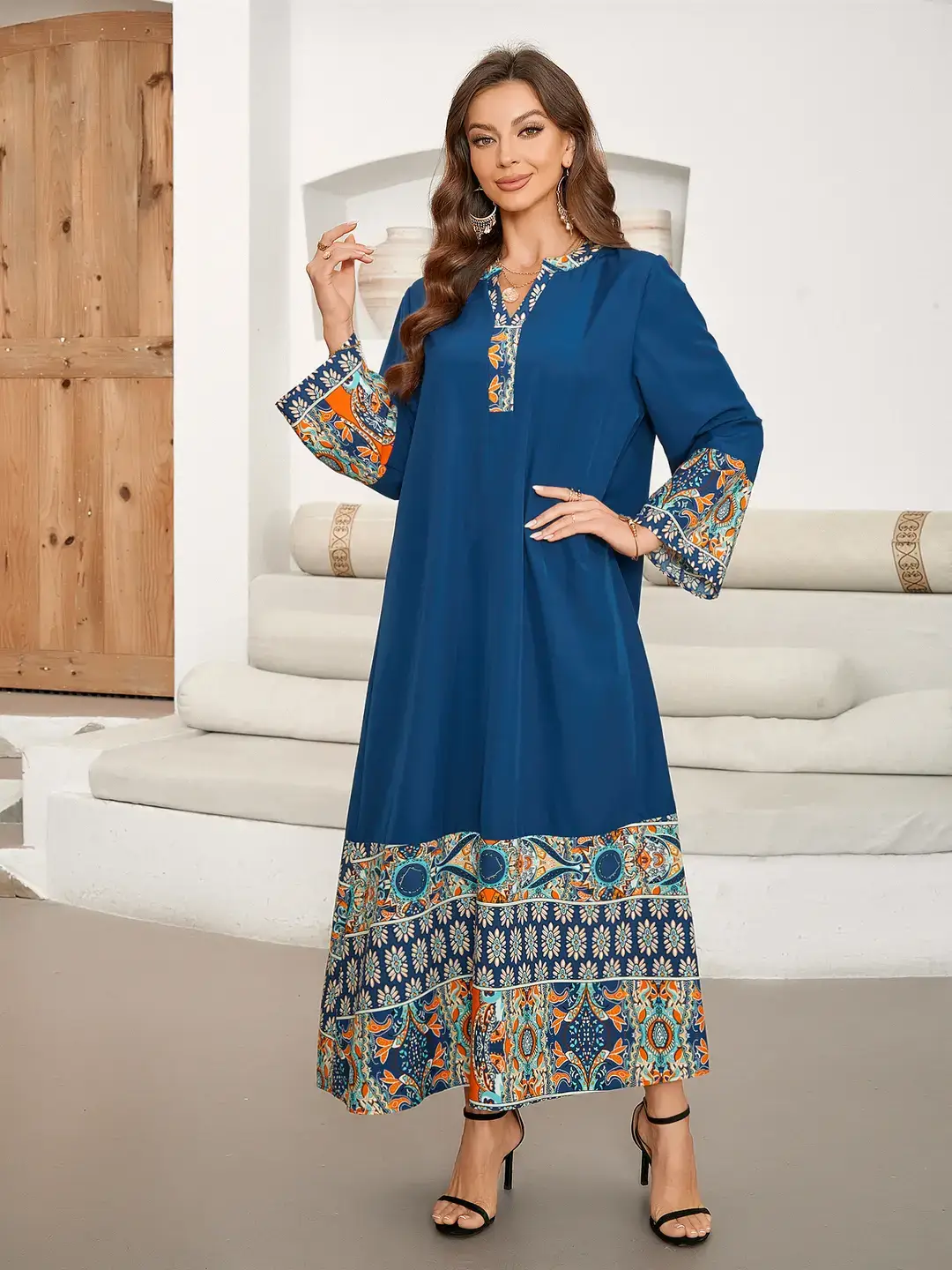 Cross-Border Model Photoshoot Hot-Selling Printed Patchwork Long V-Neck Elegant Mid-Length Sleeve Dress Cover-Up - Image 2