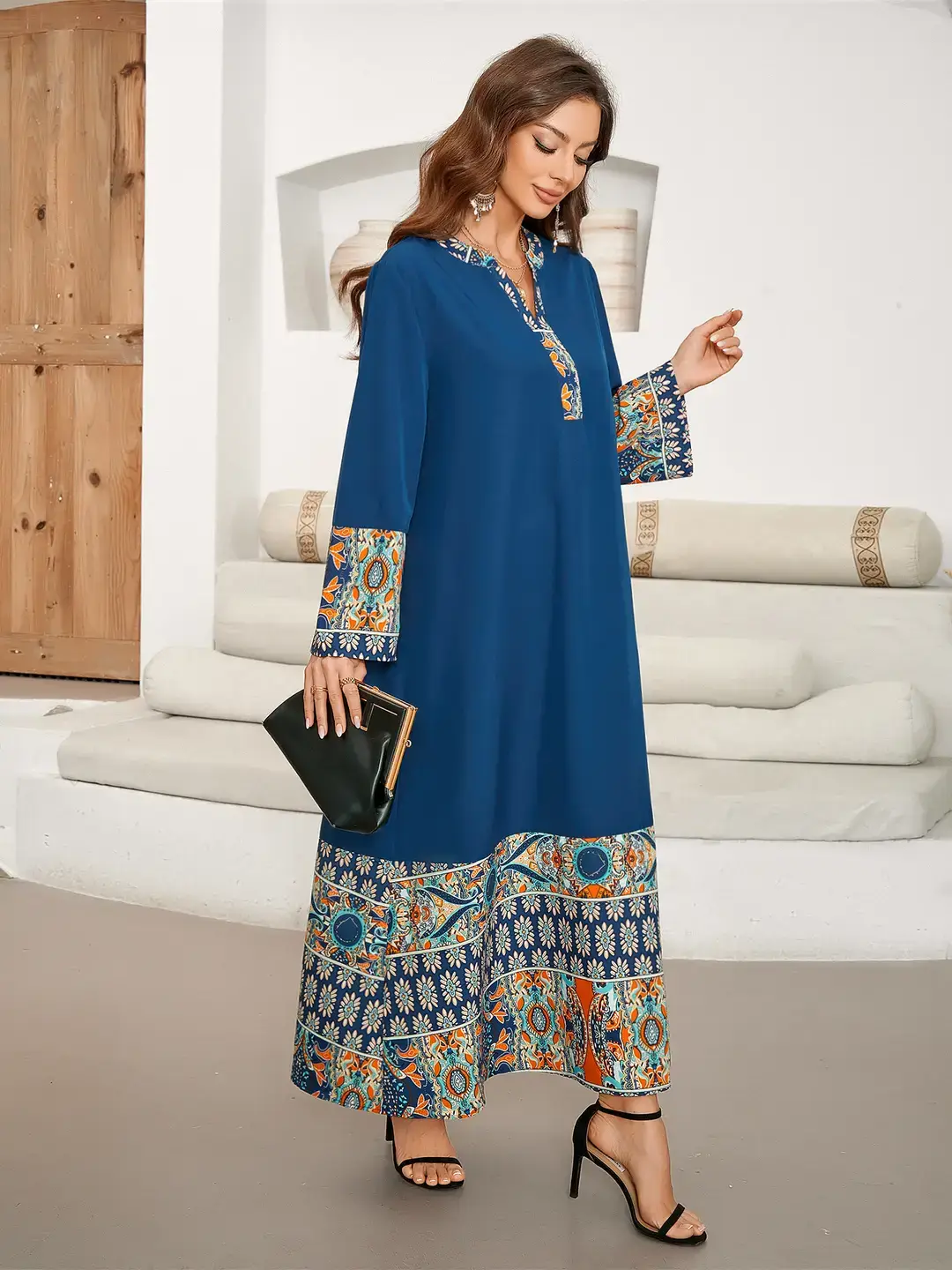 Cross-Border Model Photoshoot Hot-Selling Printed Patchwork Long V-Neck Elegant Mid-Length Sleeve Dress Cover-Up - Image 3